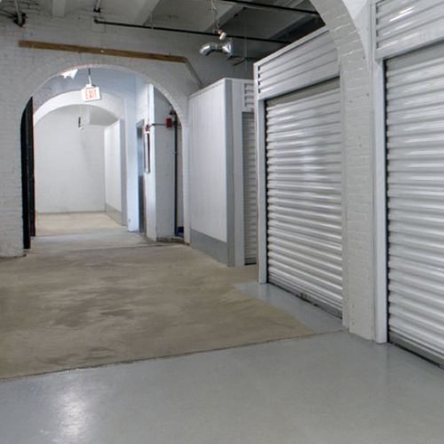 The image shows self storage units hallway