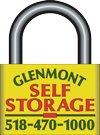 logo artwork of a padlock with the words Glenmont Self Storage inside the padlock.